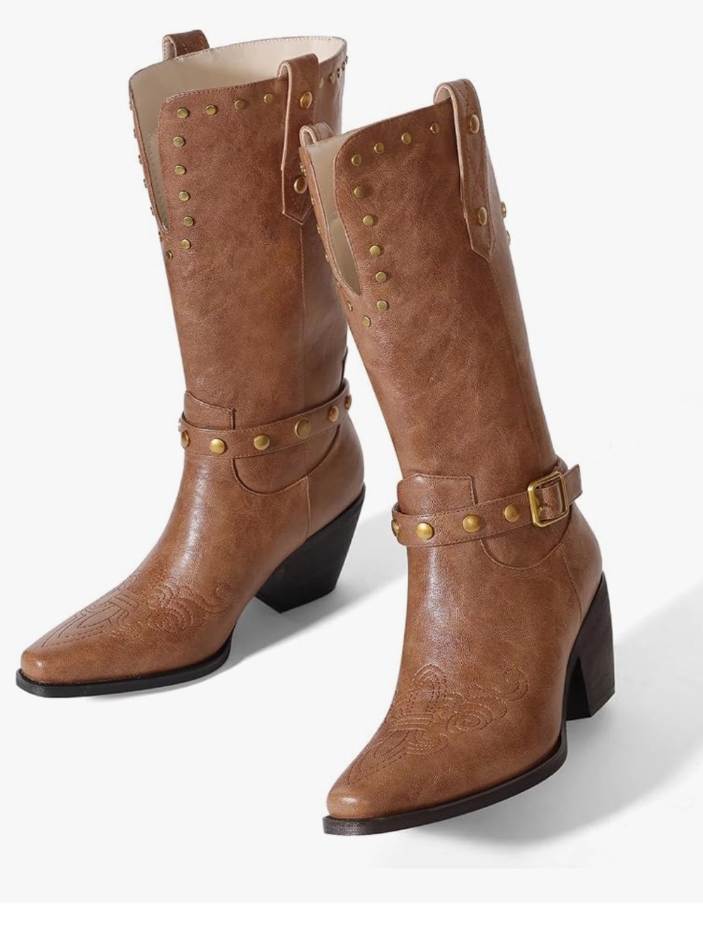 Women's Brown Mid-Calf Western Heel Boots with Buckle Stud Detail size 8w new